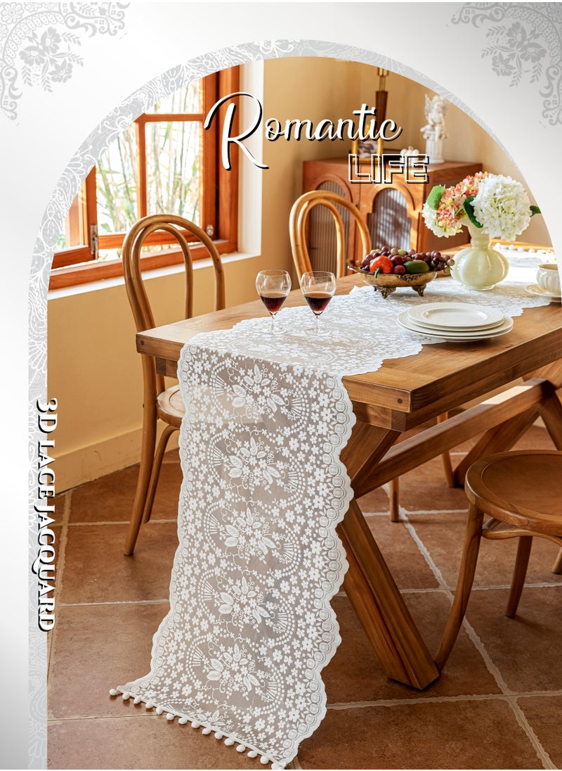 Generic French Lace Hollow Tassel Table Runner 71Inches White, Rustic Farmhouse Fall for Kitchen Dining Table Decoration,Home Decor, Coffee Table Decor,Home Party Decor, Wedding Decor, Ramadan Gifts,Good Drape,  Soft, Wear-Resistant ,Durable, Machine Washable,No Wrinkles,No Shrinkage.  (45*180cm/18*71"Tassel included)  - Image 2