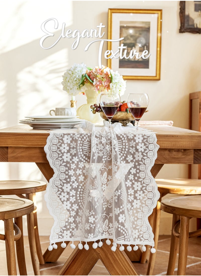 Generic French Lace Hollow Tassel Table Runner 71Inches White, Rustic Farmhouse Fall for Kitchen Dining Table Decoration,Home Decor, Coffee Table Decor,Home Party Decor, Wedding Decor, Ramadan Gifts,Good Drape,  Soft, Wear-Resistant ,Durable, Machine Washable,No Wrinkles,No Shrinkage.  (45*180cm/18*71"Tassel included)  - Image 3