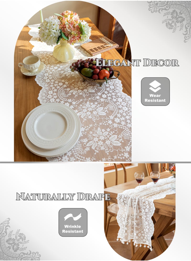 Generic French Lace Hollow Tassel Table Runner 71Inches White, Rustic Farmhouse Fall for Kitchen Dining Table Decoration,Home Decor, Coffee Table Decor,Home Party Decor, Wedding Decor, Ramadan Gifts,Good Drape,  Soft, Wear-Resistant ,Durable, Machine Washable,No Wrinkles,No Shrinkage.  (45*180cm/18*71"Tassel included)  - Image 5