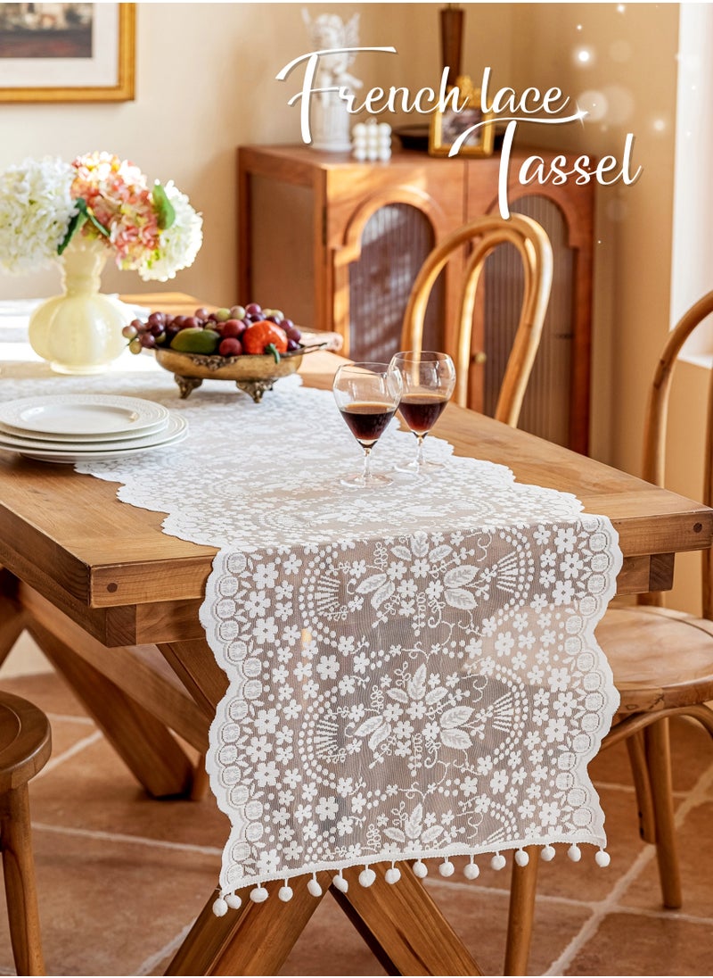 Generic French Lace Hollow Tassel Table Runner 71Inches White, Rustic Farmhouse Fall for Kitchen Dining Table Decoration,Home Decor, Coffee Table Decor,Home Party Decor, Wedding Decor, Ramadan Gifts,Good Drape,  Soft, Wear-Resistant ,Durable, Machine Washable,No Wrinkles,No Shrinkage.  (45*180cm/18*71"Tassel included)  - Image 1