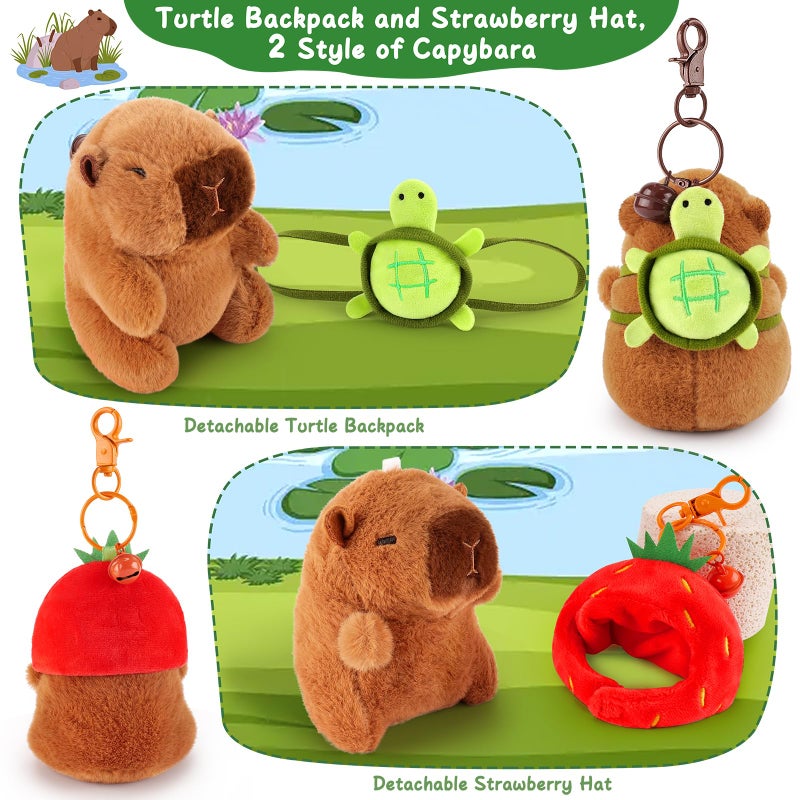 Achwishap 2Pcs Capybara Plush Keychain Cute Keychain Capybara Stuffed Animal Soft Capybara Plush Toys Key Chain Kawaii Plush Stuffed Toys For Kids Adults Valentine'S Day(Turtle Strawberry Hat) - Image 4
