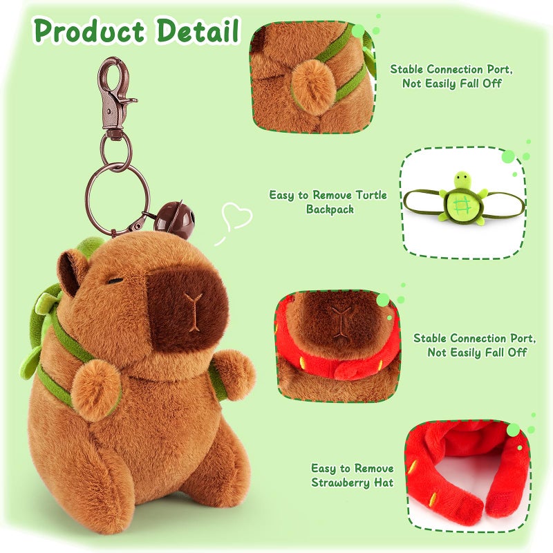 Achwishap 2Pcs Capybara Plush Keychain Cute Keychain Capybara Stuffed Animal Soft Capybara Plush Toys Key Chain Kawaii Plush Stuffed Toys For Kids Adults Valentine'S Day(Turtle Strawberry Hat) - Image 3