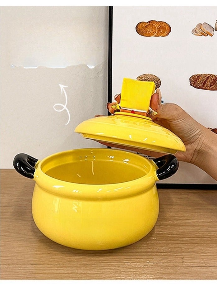 Student Double Ear Covered Large Capacity Household Ceramic Soup Bowl - Image 3