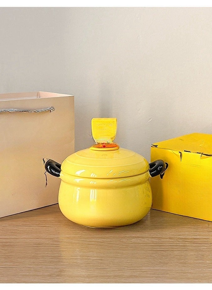 Student Double Ear Covered Large Capacity Household Ceramic Soup Bowl - Image 4