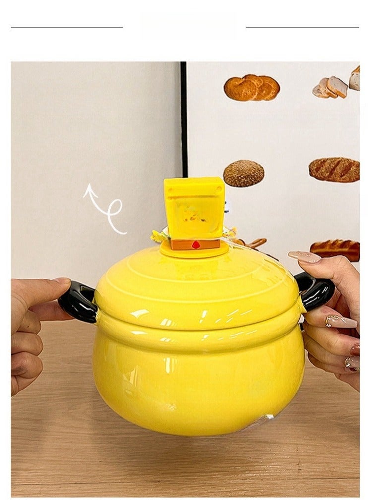 Student Double Ear Covered Large Capacity Household Ceramic Soup Bowl - Image 5