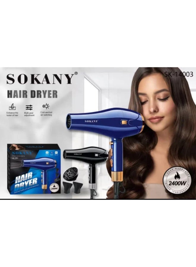 سوكاني مجفف شعر احترافي SK-14003 بقوة 2400 واط - محرك عالي الأداء، قوة هواء قوية، مفتاح تبديل الهواء الساخن والبارد، تحكم متعدد السرعات، مجفف شعر سريع الجفاف ومضاد للتجعد، تصميم خفيف الوزن للاستخدام اليومي، لون كحلي - Image 2
