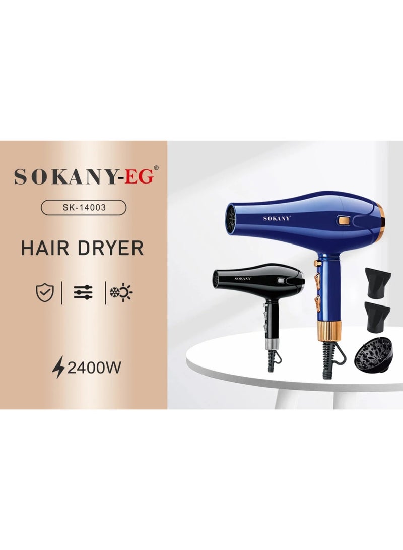سوكاني مجفف شعر احترافي SK-14003 بقوة 2400 واط - محرك عالي الأداء، قوة هواء قوية، مفتاح تبديل الهواء الساخن والبارد، تحكم متعدد السرعات، مجفف شعر سريع الجفاف ومضاد للتجعد، تصميم خفيف الوزن للاستخدام اليومي، لون كحلي - Image 3