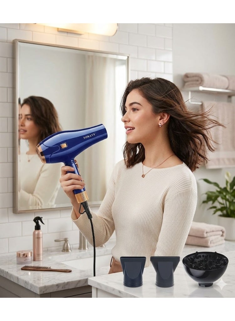 سوكاني مجفف شعر احترافي SK-14003 بقوة 2400 واط - محرك عالي الأداء، قوة هواء قوية، مفتاح تبديل الهواء الساخن والبارد، تحكم متعدد السرعات، مجفف شعر سريع الجفاف ومضاد للتجعد، تصميم خفيف الوزن للاستخدام اليومي، لون كحلي - Image 4