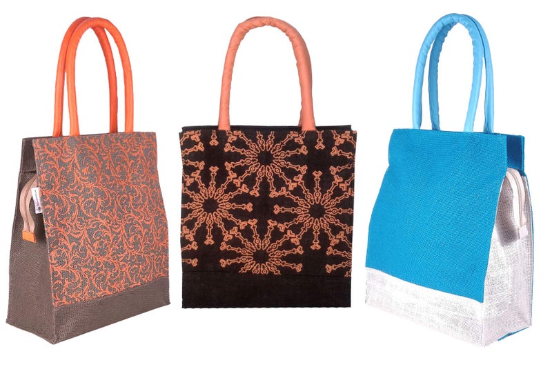 FOONTY Men Women Jute Lunch Bags ( Blue , Pack of 3, FAB-27D) - Image 1
