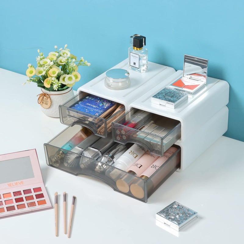 OSteed White Desktop Drawers for Paper, Stackable Office Storage Drawers for Desk, Craft Organizer and Storage Bins, 3 Mixed Storage Container with Plastic Drawers for Office Supplies - Image 3