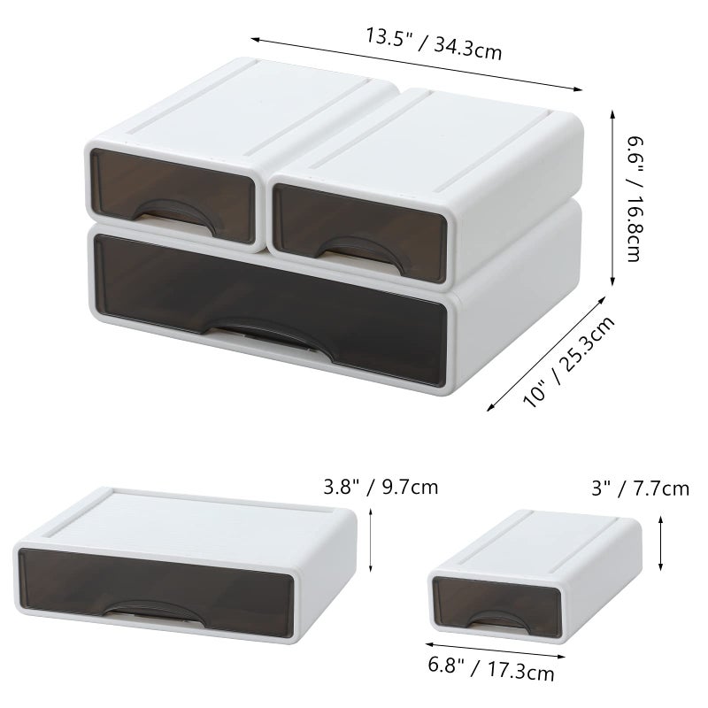 OSteed White Desktop Drawers for Paper, Stackable Office Storage Drawers for Desk, Craft Organizer and Storage Bins, 3 Mixed Storage Container with Plastic Drawers for Office Supplies - Image 2
