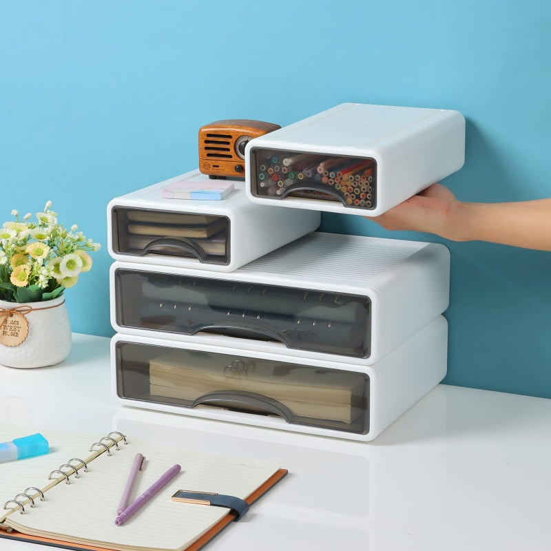 OSteed White Desktop Drawers for Paper, Stackable Office Storage Drawers for Desk, Craft Organizer and Storage Bins, 3 Mixed Storage Container with Plastic Drawers for Office Supplies - Image 5