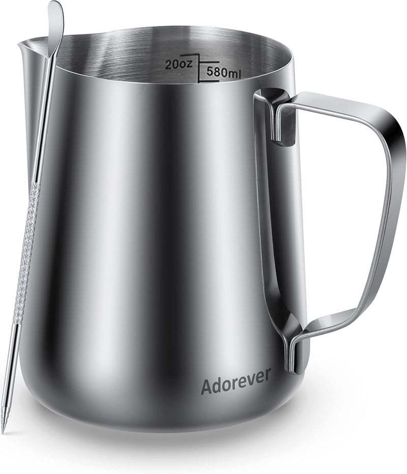 Adorever Milk Frothing Pitcher, 20oz Steaming Pitcher Stainless Steel Espresso Machine Accessories for Coffee Bar, Cappuccino Barista Tools Milk Jug Steamer Frother Cup with Decorating Latte Art Pen General purpose premium build - Image 1
