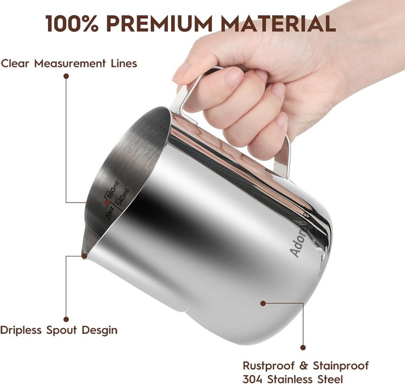 Adorever Milk Frothing Pitcher, 20oz Steaming Pitcher Stainless Steel Espresso Machine Accessories for Coffee Bar, Cappuccino Barista Tools Milk Jug Steamer Frother Cup with Decorating Latte Art Pen General purpose premium build - Image 3