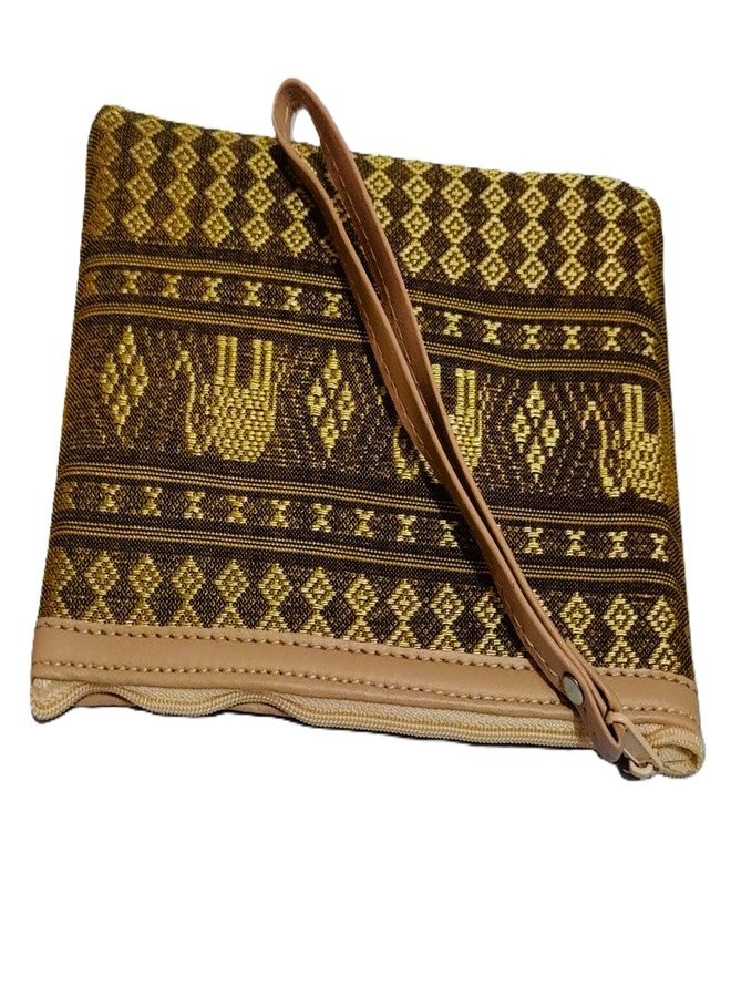 DeLegarde Traditional Brocade Clutch Wallet for Women, Light Brown and Gold, 18 x 9.5 cm - Image 4