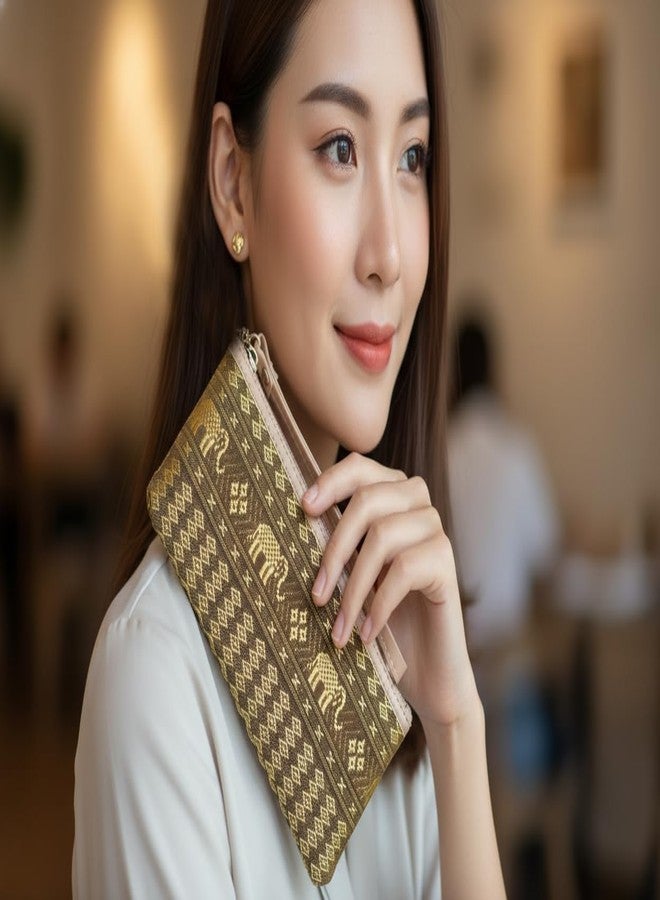 DeLegarde Traditional Brocade Clutch Wallet for Women, Light Brown and Gold, 18 x 9.5 cm - Image 3