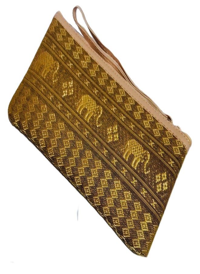 DeLegarde Traditional Brocade Clutch Wallet for Women, Light Brown and Gold, 18 x 9.5 cm - Image 1