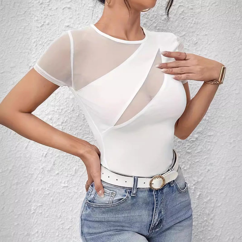 Women's Solid Short Sleeve Mesh Patchwork T-Shirt - Image 4