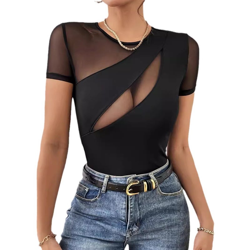 Women's Solid Short Sleeve Mesh Patchwork T-Shirt - Image 5
