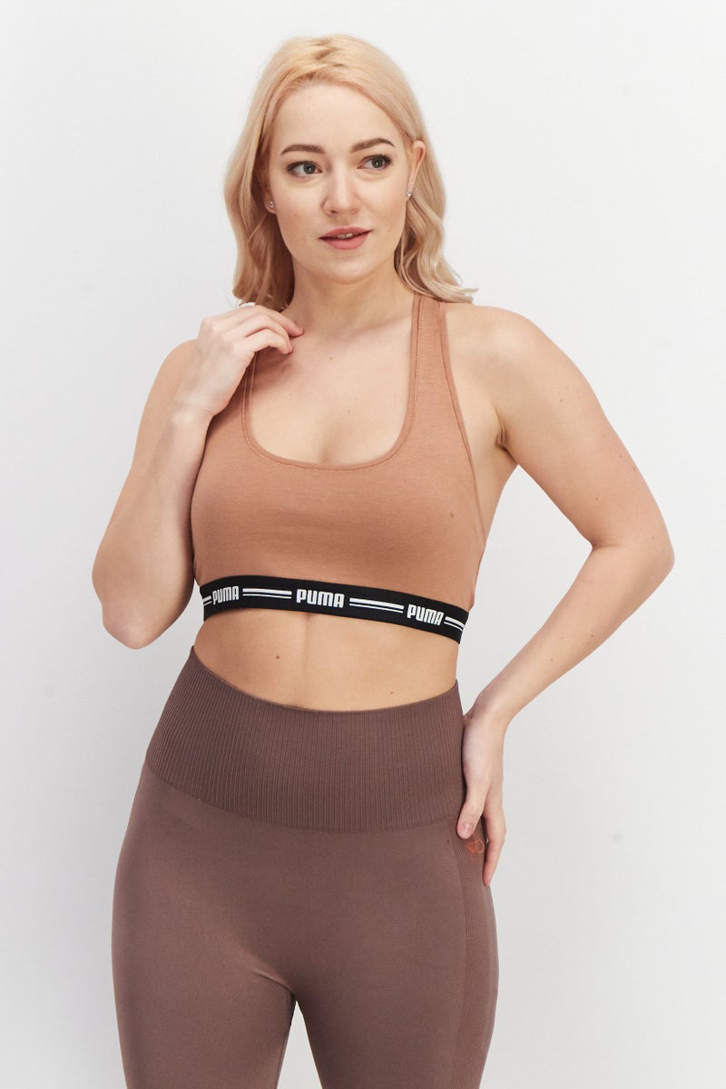 PUMA Women Non Padded Brand Logo Sport Bra, Tan - Image 1