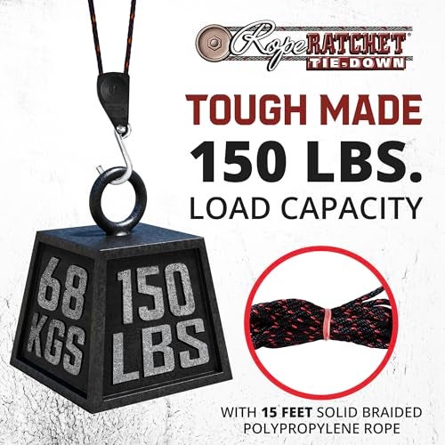 Rope Ratchet 1/4" Adjustable Pulley System – 150 lb Capacity Heavy-Duty 15' Braided Polypropylene Rope, Locking Rope Hanger, Grow Lights, Tarp Tie Downs, Kayak Straps, Plant Pulleys, Tent Tie Downs - Image 2