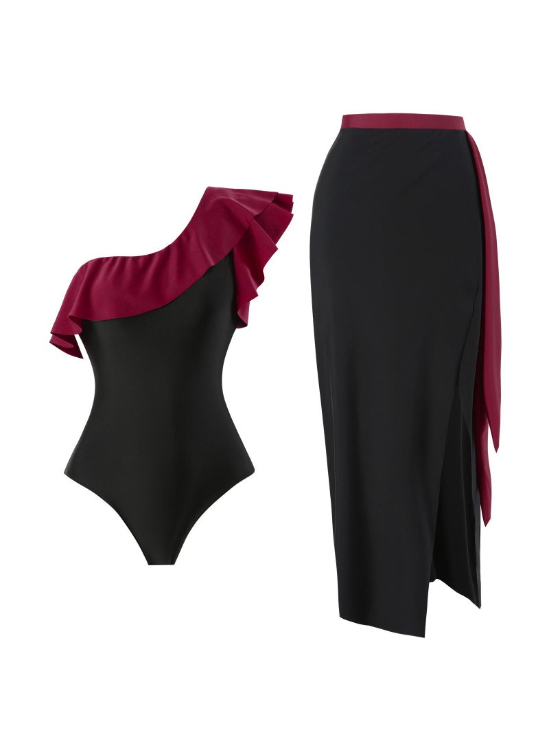 Y&D 2-Piece Women One Shoulder Swimsuit with Skirt Holiday Beach Dress Female Retro Swimwear Vintage Surf Wear Summer - Image 1