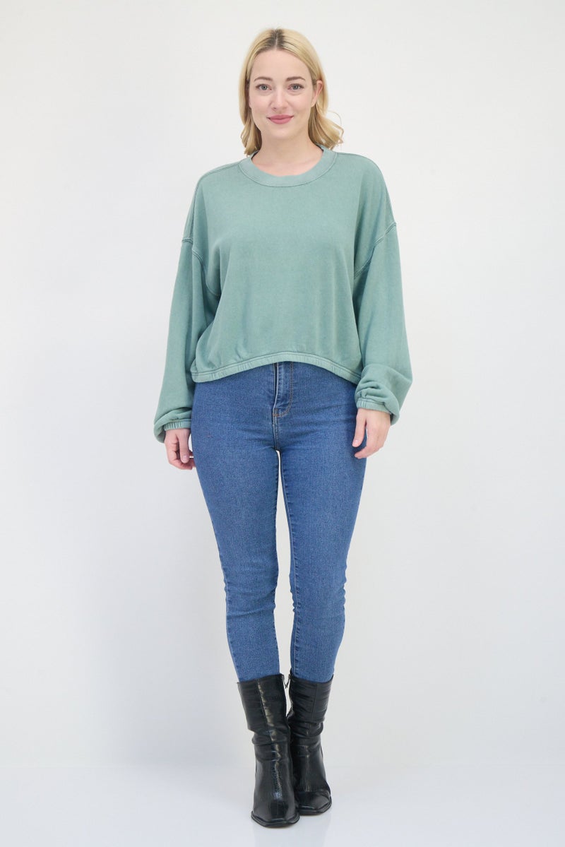 Aerie Women Crew Neck Solid Long Sleeve Sweatshirt, Faded Green - Image 2