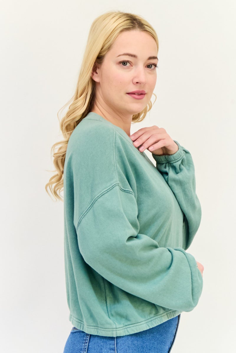 Aerie Women Crew Neck Solid Long Sleeve Sweatshirt, Faded Green - Image 4