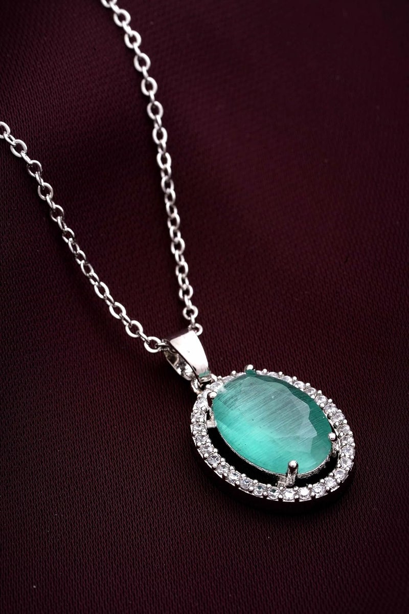STYOLLO Pendant Necklace Silver For Women & Girls with Oval Crystal & American Diamonds | Traditional Women's Jewellery | Stylish Girls' Chains & Necklaces, Birthday, Gift- Set of 1 - Image 2