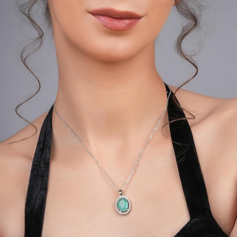 STYOLLO Pendant Necklace Silver For Women & Girls with Oval Crystal & American Diamonds | Traditional Women's Jewellery | Stylish Girls' Chains & Necklaces, Birthday, Gift- Set of 1 - Image 3