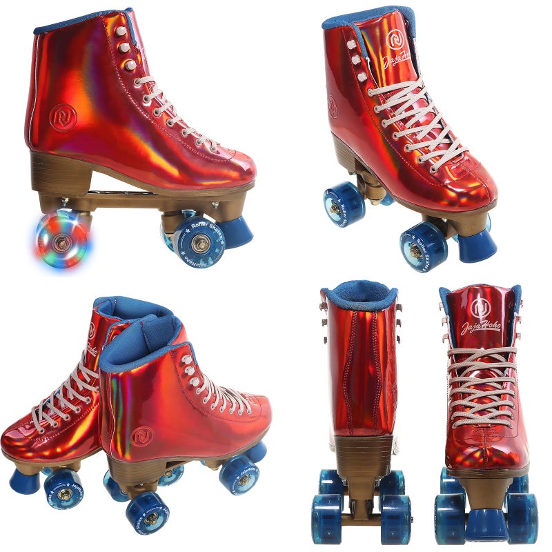 JajaHoho Roller Skates for Women, Holographic High Top Classic Rollerskates, Shiny Double-Row Blue Four Wheels Quad Skates for Girls Indoor & Outdoor (Red, Size 5) - Image 3