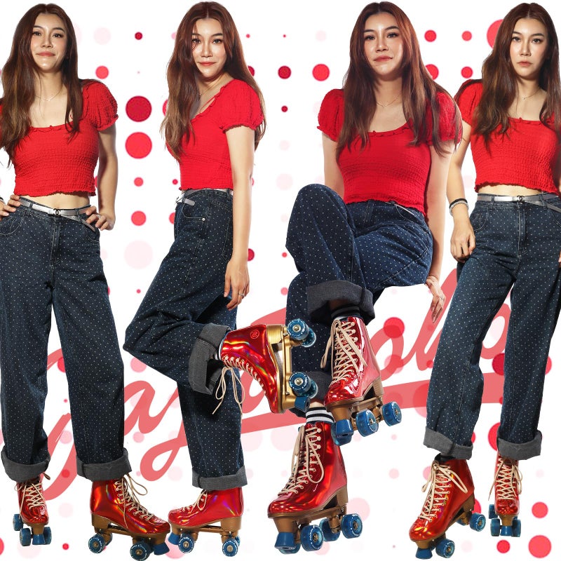 JajaHoho Roller Skates for Women, Holographic High Top Classic Rollerskates, Shiny Double-Row Blue Four Wheels Quad Skates for Girls Indoor & Outdoor (Red, Size 5) - Image 2