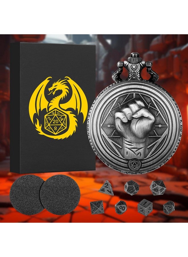 Keller & Weber Mini DND Dice Set with Steampunk Monk (Fist) Pocket Watch Case, Tiny 7PCS Polyhedral Metal D&D Dice, DND Gifts with Gift Box, Role Playing Game Board Game Accessories Dice, Dark Silver - Image 2