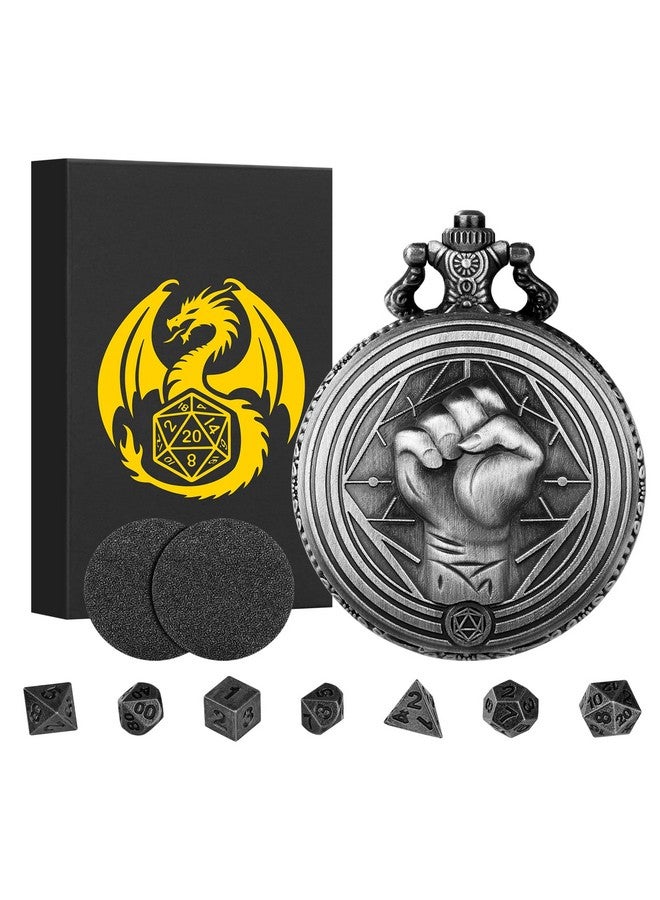 Keller & Weber Mini DND Dice Set with Steampunk Monk (Fist) Pocket Watch Case, Tiny 7PCS Polyhedral Metal D&D Dice, DND Gifts with Gift Box, Role Playing Game Board Game Accessories Dice, Dark Silver - Image 1