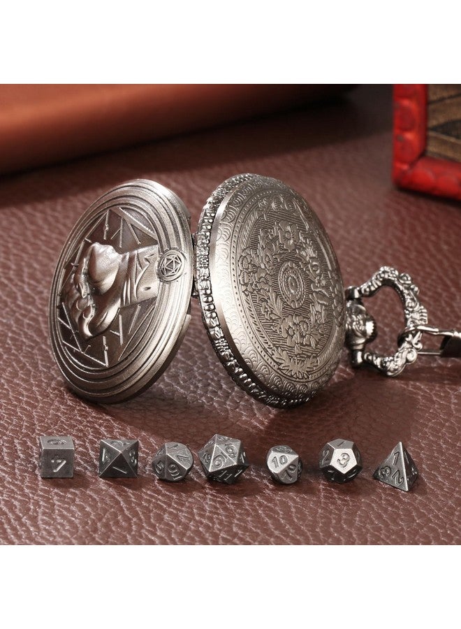 Keller & Weber Mini DND Dice Set with Steampunk Monk (Fist) Pocket Watch Case, Tiny 7PCS Polyhedral Metal D&D Dice, DND Gifts with Gift Box, Role Playing Game Board Game Accessories Dice, Dark Silver - Image 4