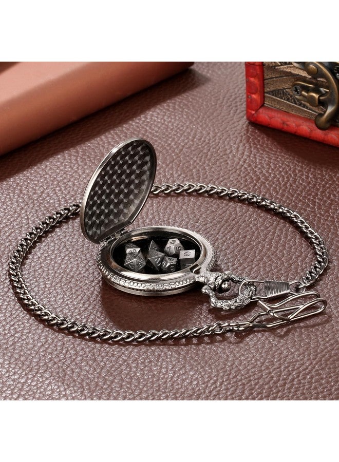 Keller & Weber Mini DND Dice Set with Steampunk Monk (Fist) Pocket Watch Case, Tiny 7PCS Polyhedral Metal D&D Dice, DND Gifts with Gift Box, Role Playing Game Board Game Accessories Dice, Dark Silver - Image 5