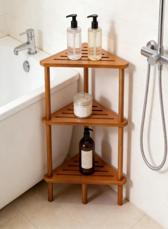 Yoshiky 3-Tier Free Standing Corner Shower Caddy, Bamboo Wood Bathroom Shower Shelf Table for Inside Shower Organizer & Storage Foot Rest Shower Stool - Image 5