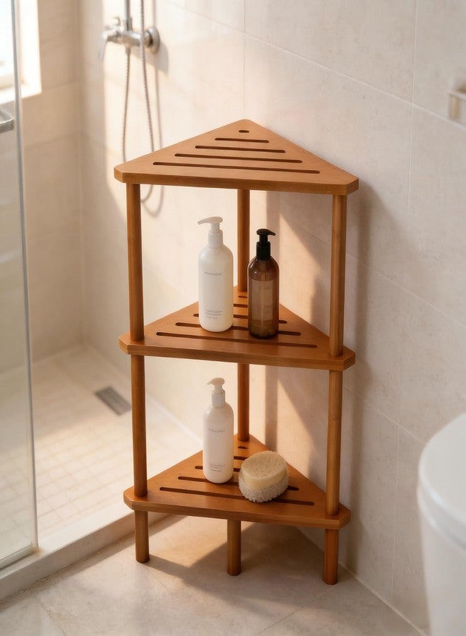Yoshiky 3-Tier Free Standing Corner Shower Caddy, Bamboo Wood Bathroom Shower Shelf Table for Inside Shower Organizer & Storage Foot Rest Shower Stool - Image 4