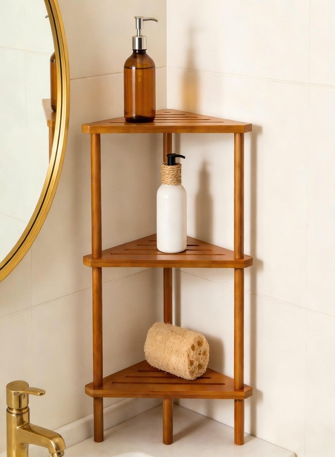 Yoshiky 3-Tier Free Standing Corner Shower Caddy, Bamboo Wood Bathroom Shower Shelf Table for Inside Shower Organizer & Storage Foot Rest Shower Stool - Image 1