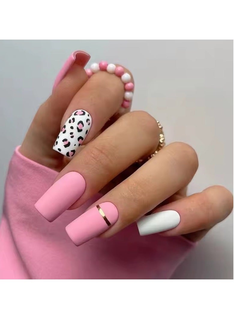 Goolsky Summer Bar Leopard Print Pink White Frosted Long Square Wearable Fake Nail Full Cover Finished False Art Nail Press on Nail Glue - Image 1