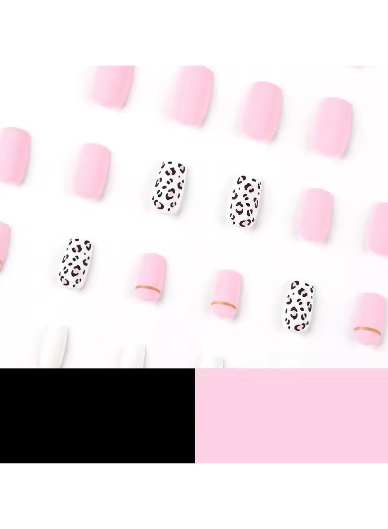 Goolsky Summer Bar Leopard Print Pink White Frosted Long Square Wearable Fake Nail Full Cover Finished False Art Nail Press on Nail Glue - Image 2