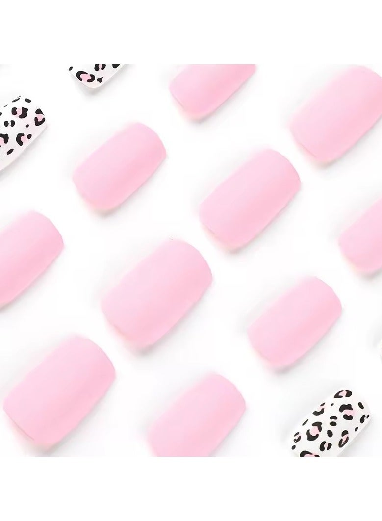 Goolsky Summer Bar Leopard Print Pink White Frosted Long Square Wearable Fake Nail Full Cover Finished False Art Nail Press on Nail Glue - Image 3