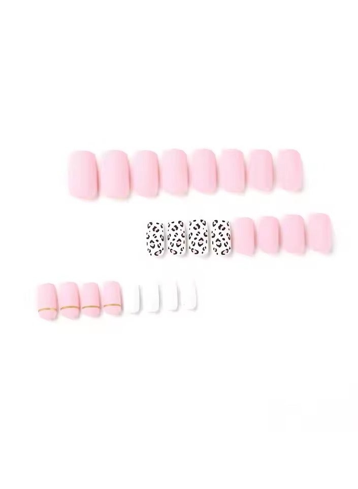 Goolsky Summer Bar Leopard Print Pink White Frosted Long Square Wearable Fake Nail Full Cover Finished False Art Nail Press on Nail Glue - Image 4