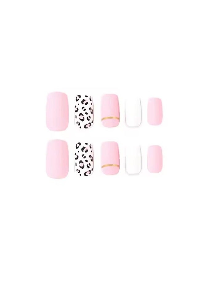 Goolsky Summer Bar Leopard Print Pink White Frosted Long Square Wearable Fake Nail Full Cover Finished False Art Nail Press on Nail Glue - Image 5