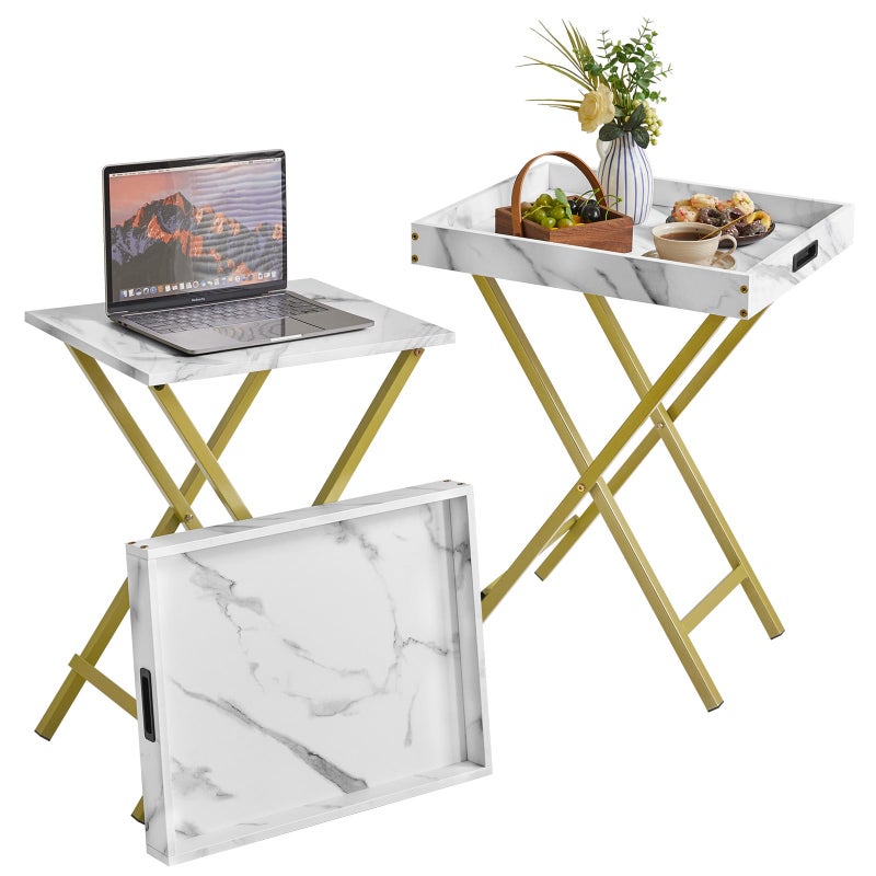 IBUYKE Foldable TV Tray Set of 2 TV,End Table with Removable Food Serving Tray,Portable Wooden Snack Table for Livingroom, Bedroom, Office, Camping, White with Gold UTVT001G - Image 1