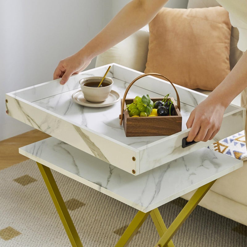 IBUYKE Foldable TV Tray Set of 2 TV,End Table with Removable Food Serving Tray,Portable Wooden Snack Table for Livingroom, Bedroom, Office, Camping, White with Gold UTVT001G - Image 4