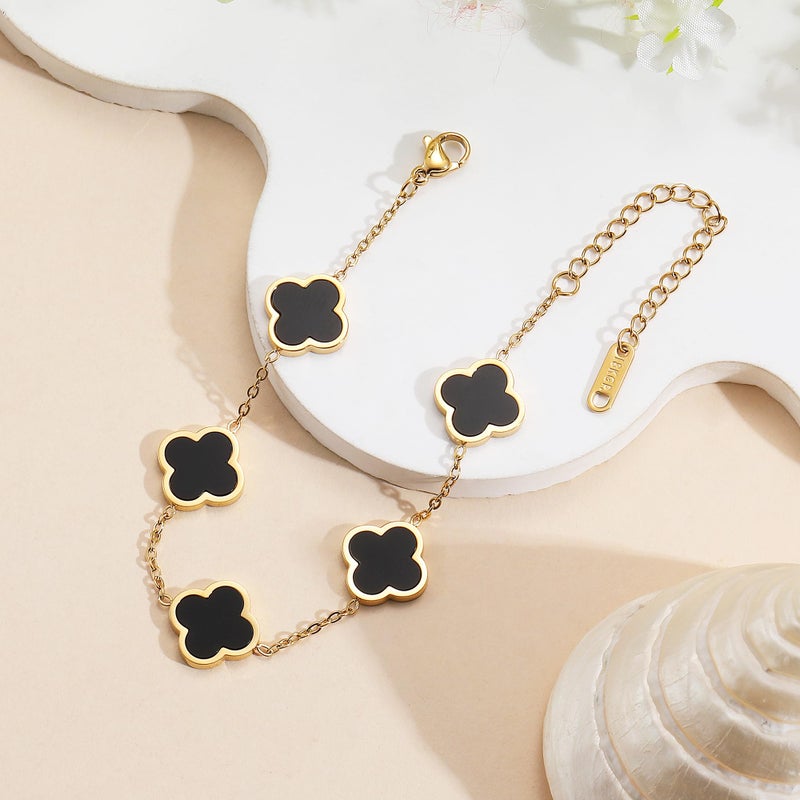 AIPPK 18K Gold Plated Clover Lucky Bracelet Bracelet Dupes for Women Black Flower Four Leaf Bracelets Trendy Jewelry Danity Gifts for Women - Image 3