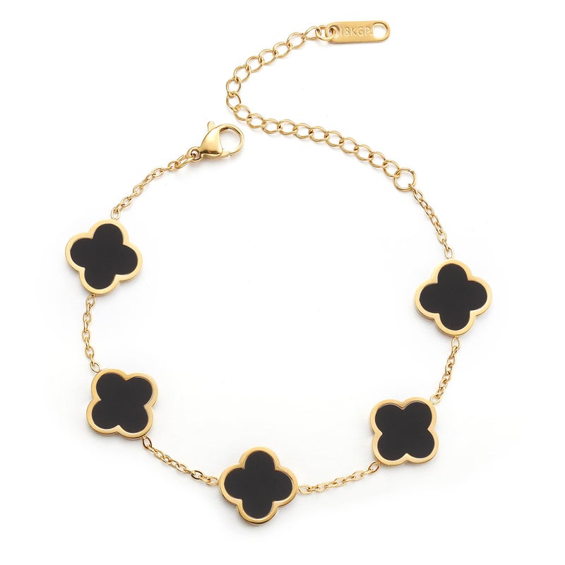 AIPPK 18K Gold Plated Clover Lucky Bracelet Bracelet Dupes for Women Black Flower Four Leaf Bracelets Trendy Jewelry Danity Gifts for Women - Image 1