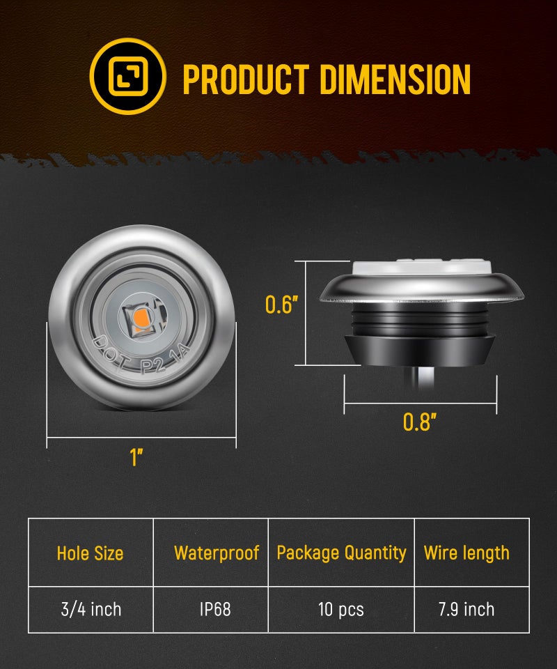 Partsam 10Pcs 3/4" Mini LED Marker Light Amber Auxiliary Light Side Marker Clearance Light Indicators with Bullet Plug for Trailer Truck Pickup Camper RV - Image 5