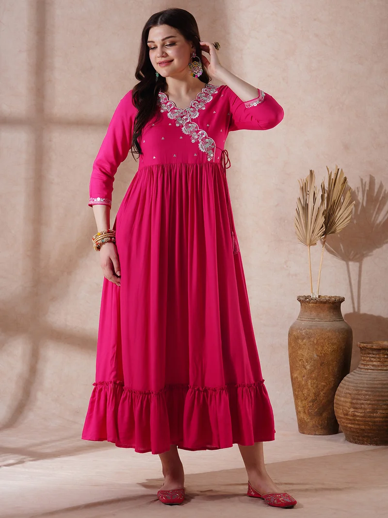 globus Women Pink Embroidered Scalloped V-Neck Tie-Up Detail Tiered A-Line Midi Festive Dress